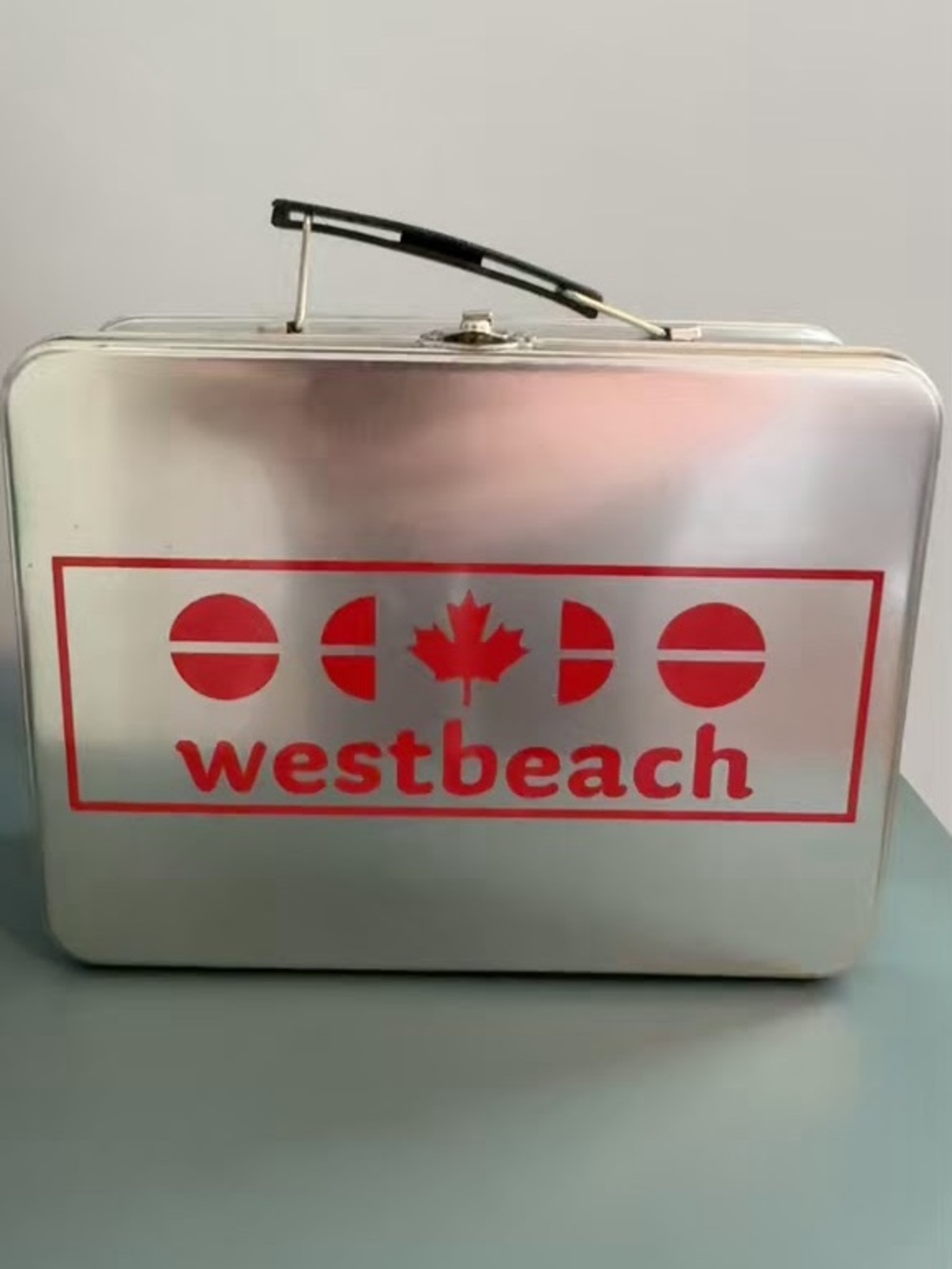 Vintage Westbeach Snowboarding Metal Tin Lunch Box Silver Red Maple Leaf Retro